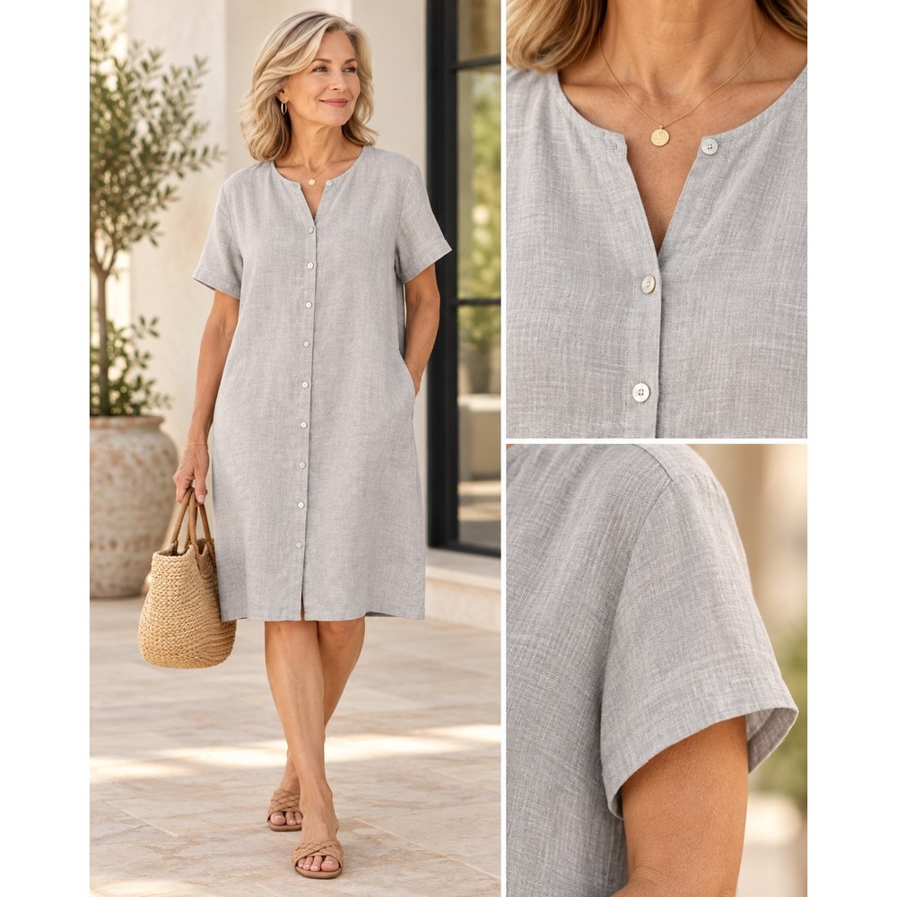 Eileen Fisher Organic Linen Shirt Dress L? Metallic Shimmer Gray Button Pockets